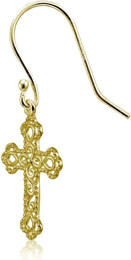 Hoops & Loops 925 Sterling Silver Filigree Cross Bottony 24mm Dangle Hook Earrings for Women, Men Silver, Yellow Gold, Rose Gold