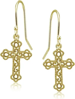 Hoops & Loops 925 Sterling Silver Filigree Cross Bottony 24mm Dangle Hook Earrings for Women, Men Silver, Yellow Gold, Rose Gold