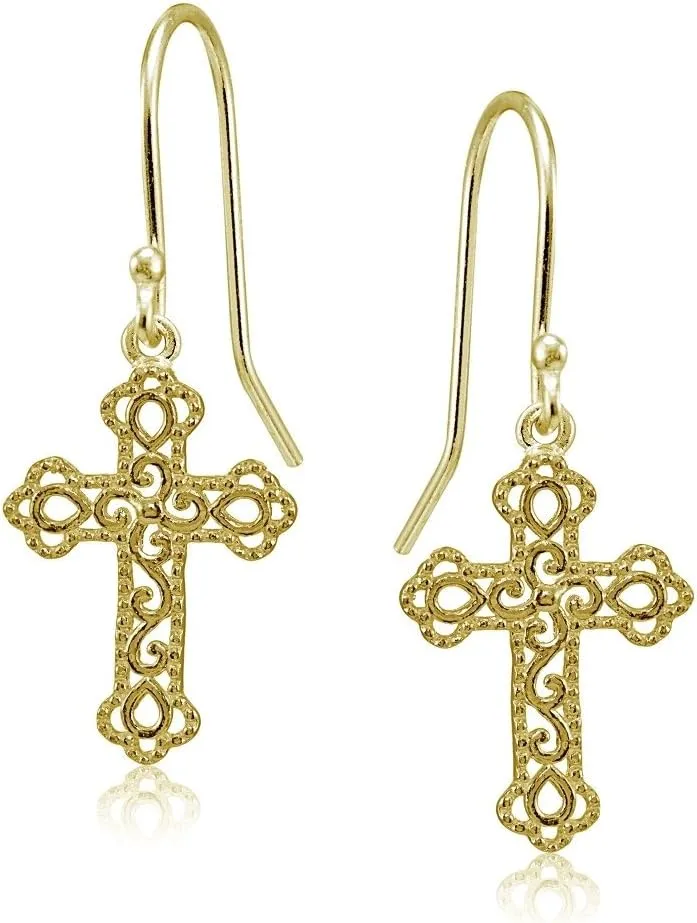 Hoops & Loops 925 Sterling Silver Filigree Cross Bottony 24mm Dangle Hook Earrings for Women, Men Silver, Yellow Gold, Rose Gold