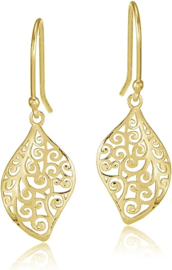 Hoops & Loops 925 Sterling Silver Filigree Cut Scroll 23mm Leaf Shape Design Dangle Hook Earrings for Women Teen Girls, Silver, Yellow, Rose Gold