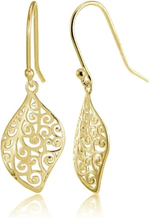 Hoops & Loops 925 Sterling Silver Filigree Cut Scroll 23mm Leaf Shape Design Dangle Hook Earrings for Women Teen Girls, Silver, Yellow, Rose Gold