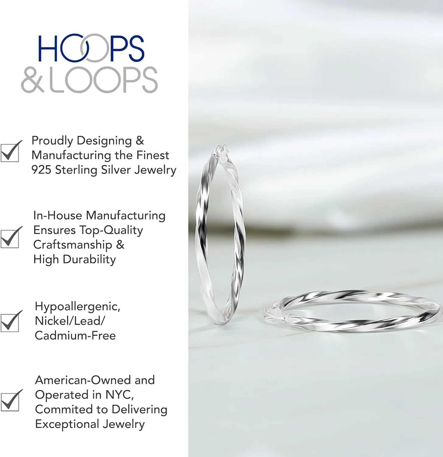 Hoops & Loops 925 Sterling Silver Hoop Earrings for Women, 14K Gold, Rose Gold Plated, Black Twisted Click-Top Round Hoop Earrings for Women, Hypoallergenic, Lightweight, High Polished Twist Design Hoops 15/20/25/30/35/40/50/60mm