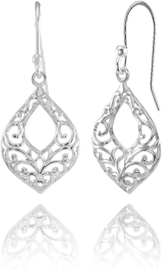 Hoops & Loops 925 Sterling Silver Open Teardrop Leaf Shape Filigree Dangle Drop Hook Earrings for Women, Silver, Yellow & Rose Gold
