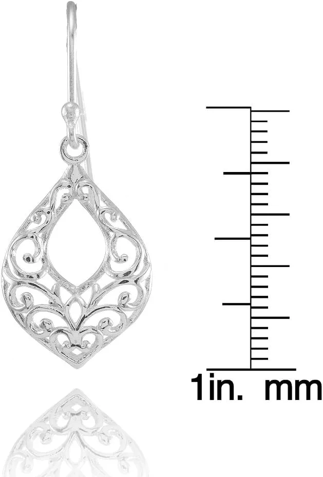 Hoops & Loops 925 Sterling Silver Open Teardrop Leaf Shape Filigree Dangle Drop Hook Earrings for Women, Silver, Yellow & Rose Gold
