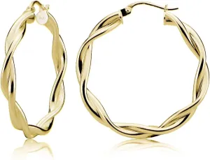 Hoops & Loops 925 Sterling Silver Twisted Round Click-Top Hoop Earrings for Women, Teem Girls, Yellow Gold 30mm