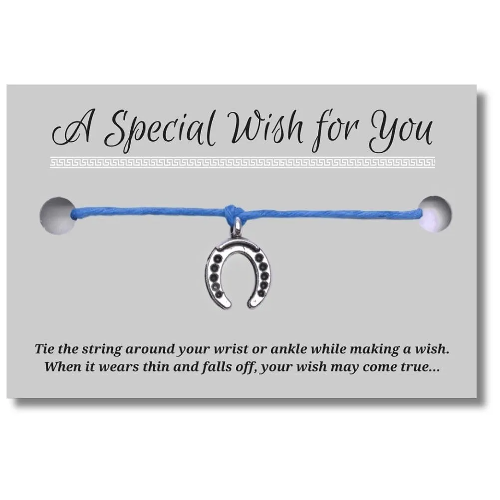 Horseshoe Charm Blue Wish Bracelet, Hemp with Tibetan Silver Charm on Printed Card, 12 inches long, Adjustable Unisex Design, Friendship Anklet, Good Luck Gift for Women