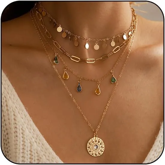 HTH Boho Necklaces for Women Bohemian Layered Turquoise Beaded stacked Chain Choker Necklace Summer Jewelry Gifts