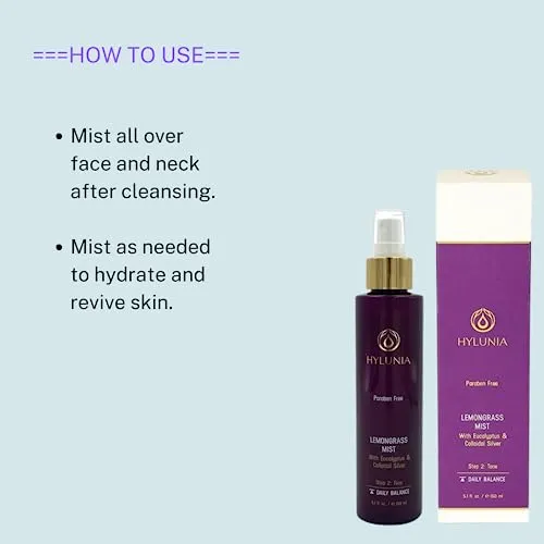Hylunia Lemongrass Mist - 5.1 fl oz - Colloidal Silver, Aloe Vera and Eucalyptus Essential Oil - Eczema - Acne
