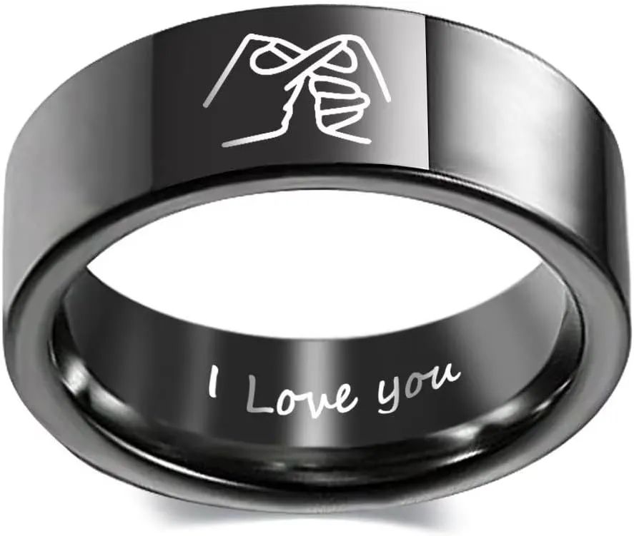 I Love You Couple Rings for Him and Her,Heart Gesture Anniversary Promise Wedding Band,Stainless Steel Classic Plain Lovers Ring