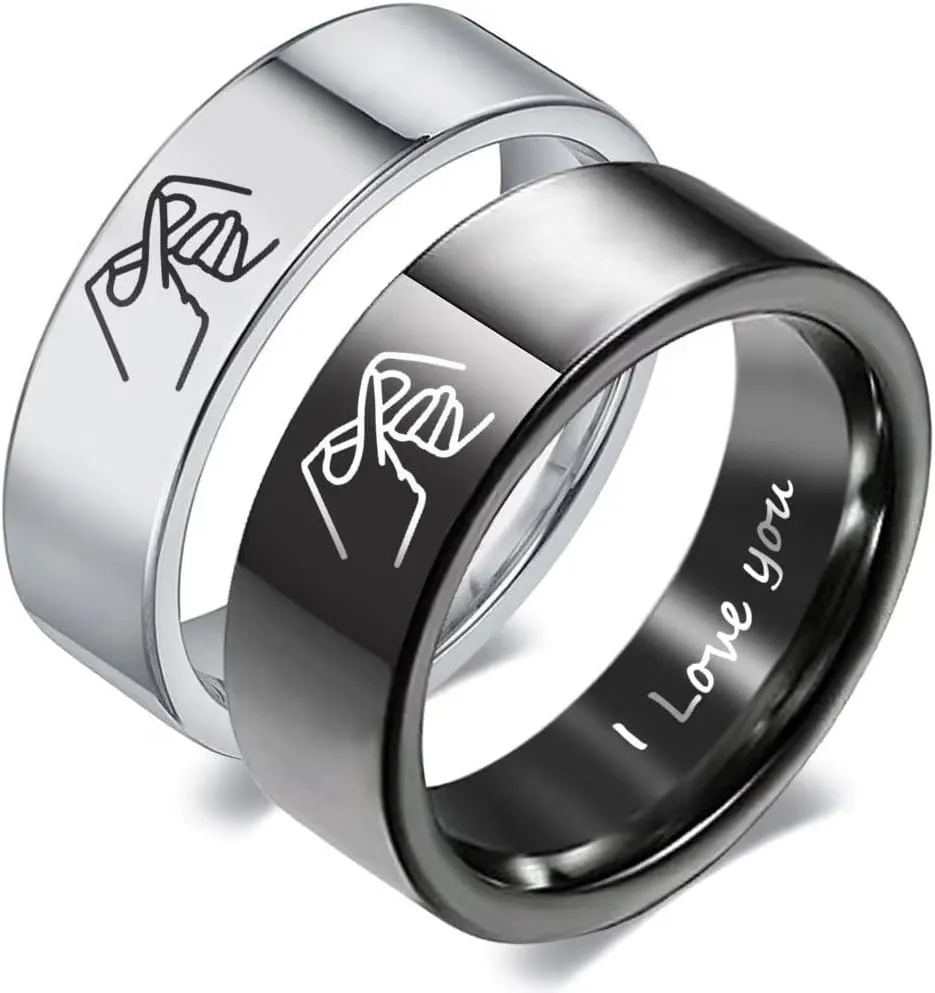 I Love You Couple Rings for Him and Her,Heart Gesture Anniversary Promise Wedding Band,Stainless Steel Classic Plain Lovers Ring