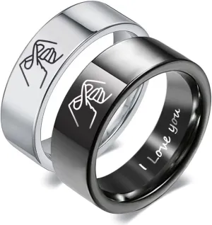 I Love You Couple Rings for Him and Her,Heart Gesture Anniversary Promise Wedding Band,Stainless Steel Classic Plain Lovers Ring