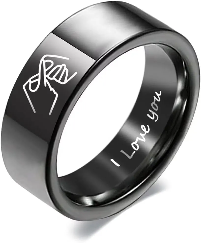 I Love You Couple Rings for Him and Her,Heart Gesture Anniversary Promise Wedding Band,Stainless Steel Classic Plain Lovers Ring