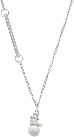Imitation Pearl Snowman Custom Engraved Delicate Bar Necklace