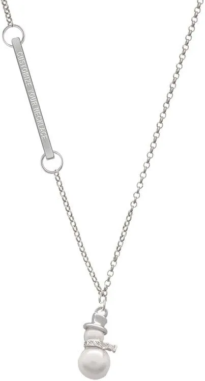 Imitation Pearl Snowman Custom Engraved Delicate Bar Necklace