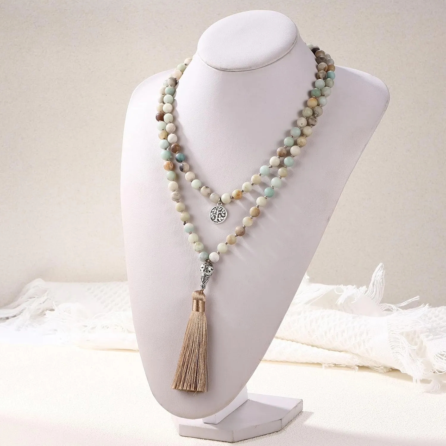 INBLUE 108 Mala Prayer Beads Wrap Necklace with Long Tassel Boho Necklace for Women Amazonite Bead Bracelet with Spiritual Tree of Life Pendant 108 Beads Necklace for Meditation