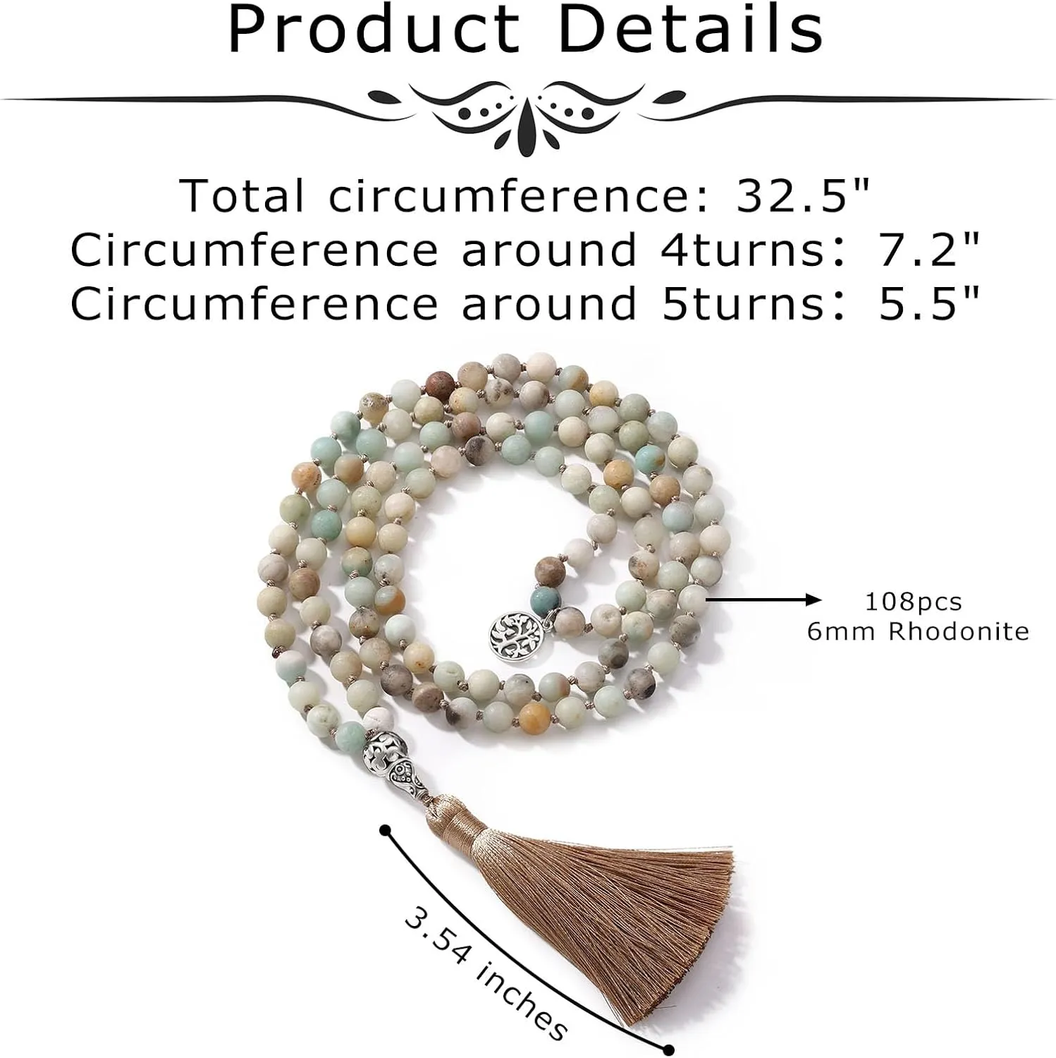 INBLUE 108 Mala Prayer Beads Wrap Necklace with Long Tassel Boho Necklace for Women Amazonite Bead Bracelet with Spiritual Tree of Life Pendant 108 Beads Necklace for Meditation