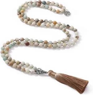 INBLUE 108 Mala Prayer Beads Wrap Necklace with Long Tassel Boho Necklace for Women Amazonite Bead Bracelet with Spiritual Tree of Life Pendant 108 Beads Necklace for Meditation
