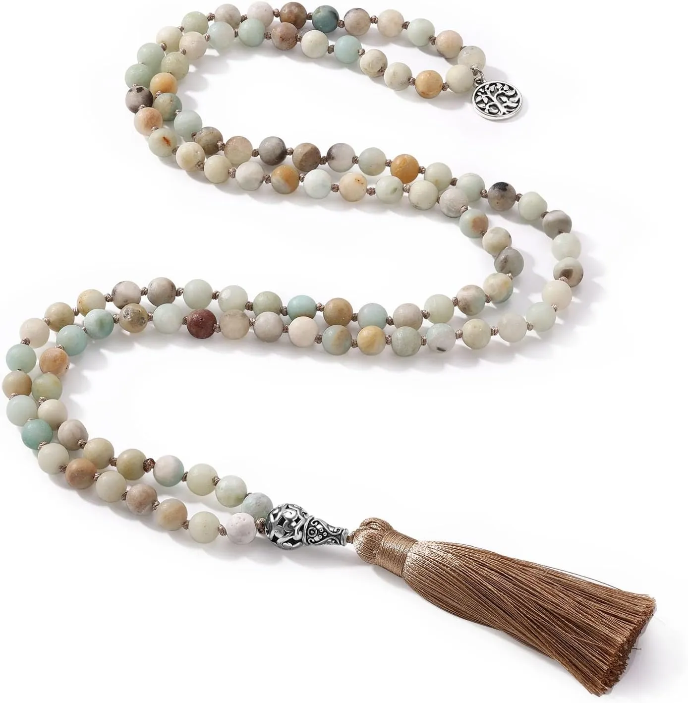 INBLUE 108 Mala Prayer Beads Wrap Necklace with Long Tassel Boho Necklace for Women Amazonite Bead Bracelet with Spiritual Tree of Life Pendant 108 Beads Necklace for Meditation