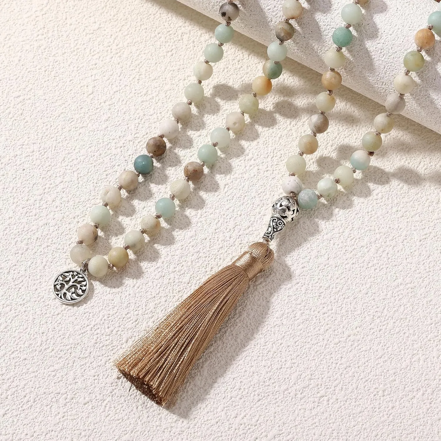 INBLUE 108 Mala Prayer Beads Wrap Necklace with Long Tassel Boho Necklace for Women Amazonite Bead Bracelet with Spiritual Tree of Life Pendant 108 Beads Necklace for Meditation