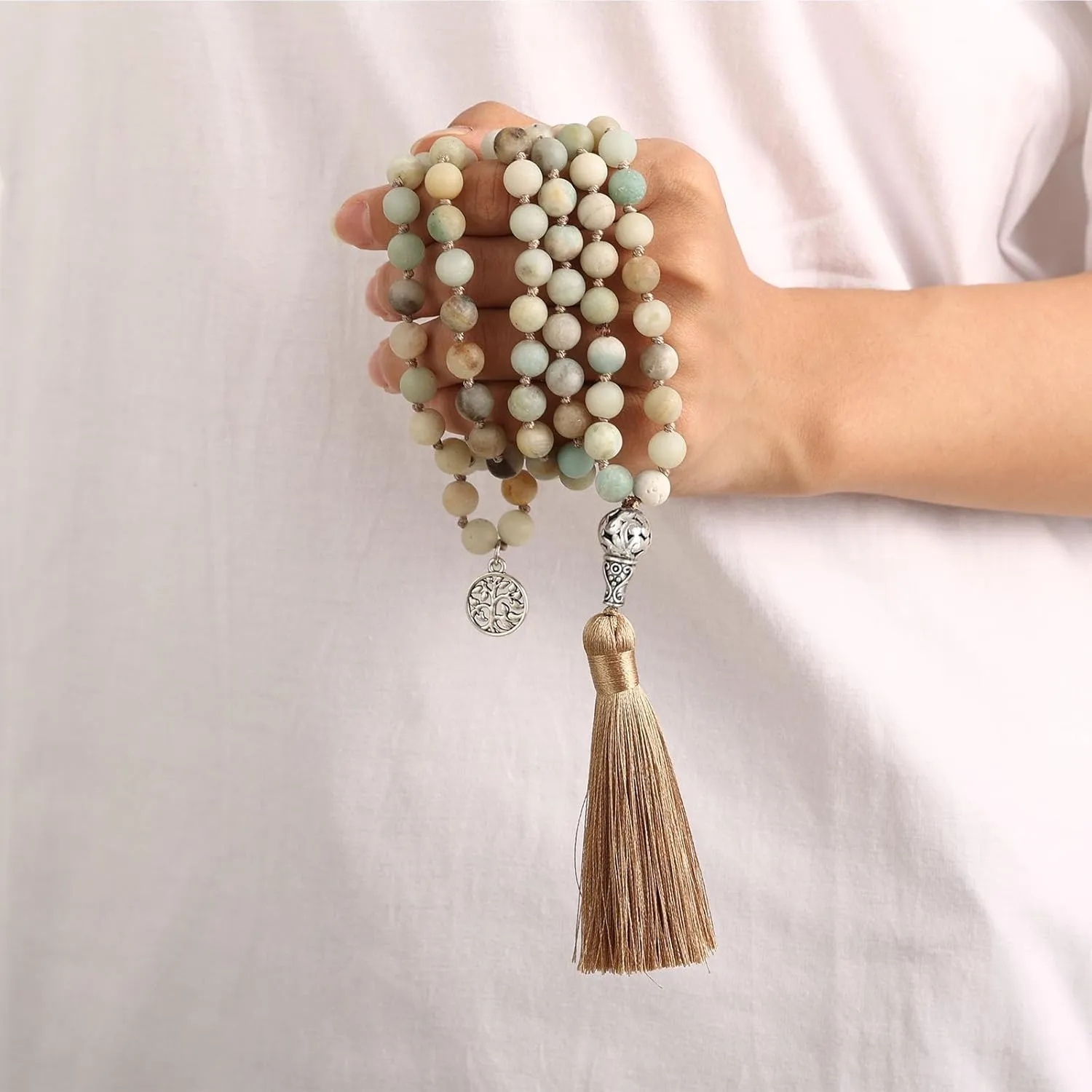 INBLUE 108 Mala Prayer Beads Wrap Necklace with Long Tassel Boho Necklace for Women Amazonite Bead Bracelet with Spiritual Tree of Life Pendant 108 Beads Necklace for Meditation