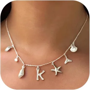 Initial Charm Necklace Beach Jewelry for Women Trendy Shell Letter Pendant Necklace Summer Beach Surfer Jewelry Gifts Boho Starfish Pearl Charms for Summer Vacation