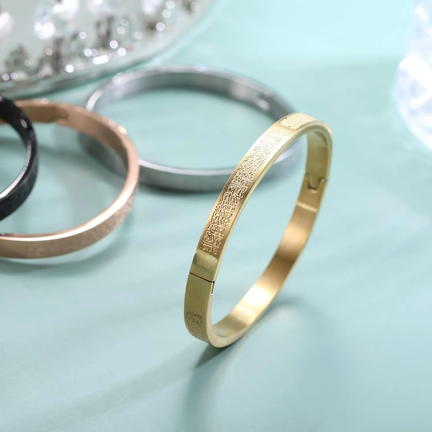 Islamic Jewelry Gifts for Women Allah Gold Bangles Bracelets Ayatul Kursi Arabic Cuff Bracelet for Women Men Islam Eid Ramadan New Year Gifts