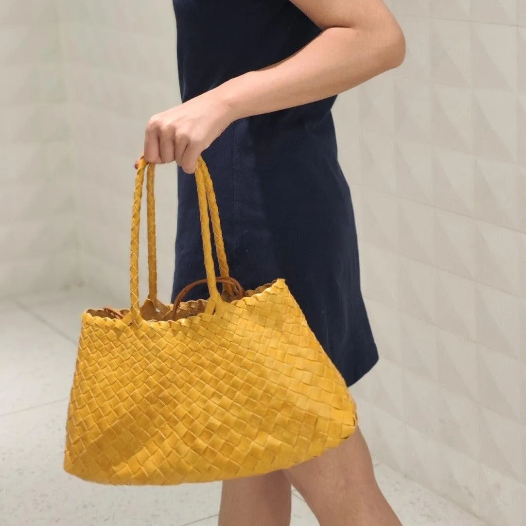 Italy Leather Woven Bag Hobo Trapezoidal Bag | New Style Summer Beach Bag Full Grain Leather Triple Jump Bamboo HandBag, Handcrafted Basket Bag