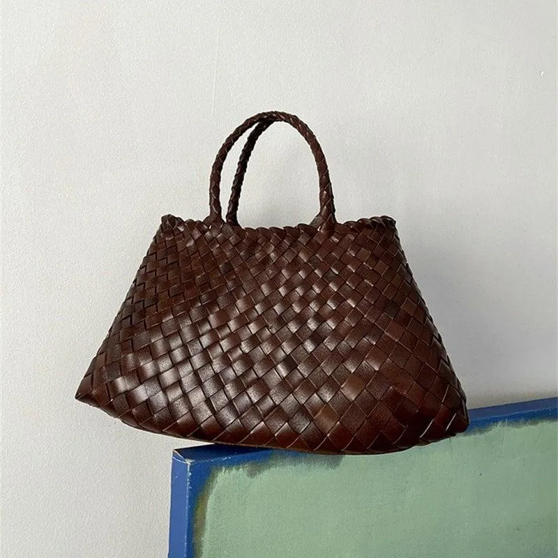 Italy Leather Woven Bag Hobo Trapezoidal Bag | New Style Summer Beach Bag Full Grain Leather Triple Jump Bamboo HandBag, Handcrafted Basket Bag