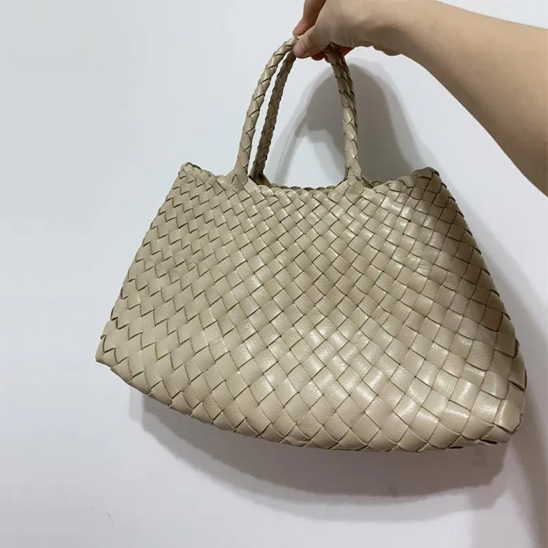 Italy Leather Woven Bag Hobo Trapezoidal Bag | New Style Summer Beach Bag Full Grain Leather Triple Jump Bamboo HandBag, Handcrafted Basket Bag