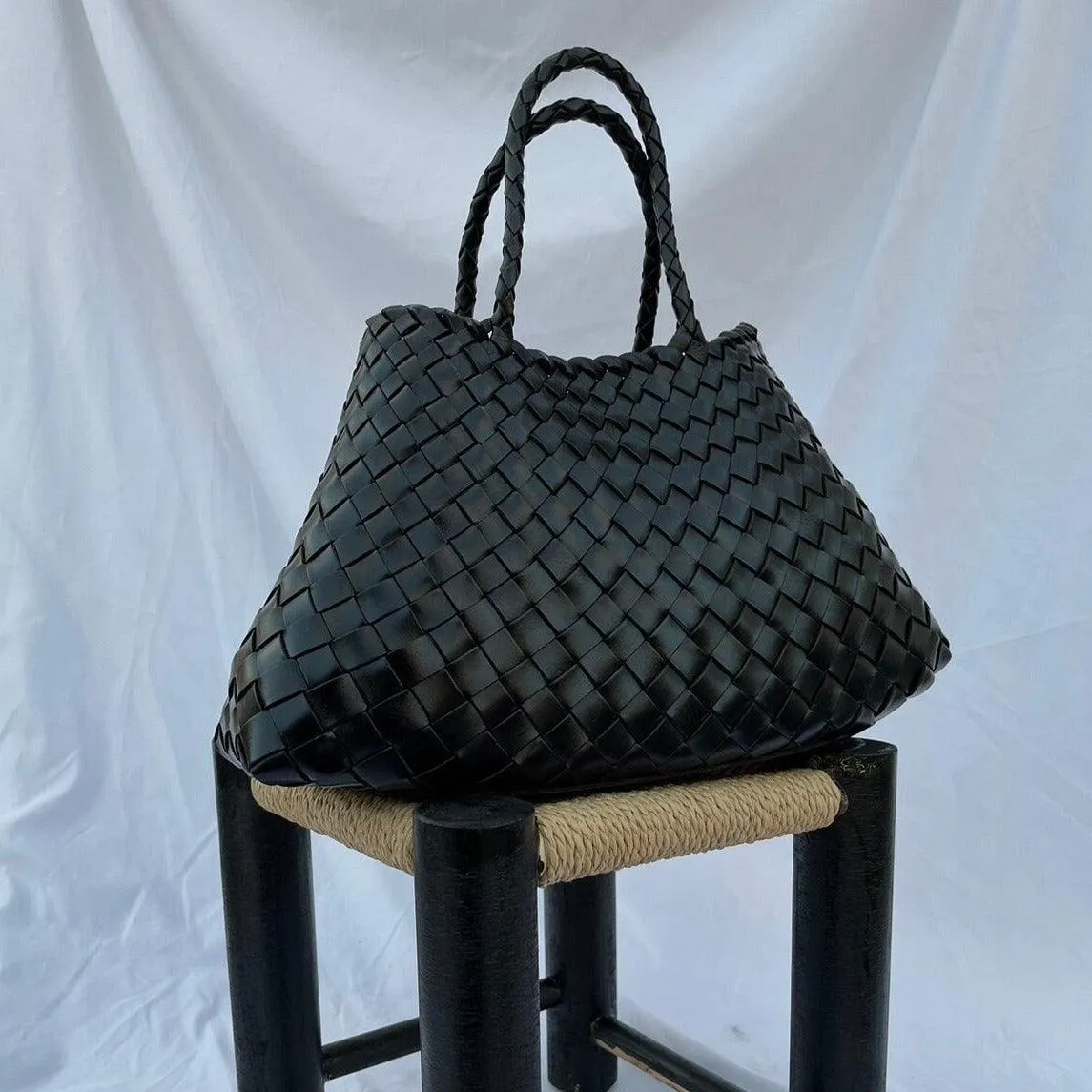 Italy Leather Woven Bag Hobo Trapezoidal Bag | New Style Summer Beach Bag Full Grain Leather Triple Jump Bamboo HandBag, Handcrafted Basket Bag