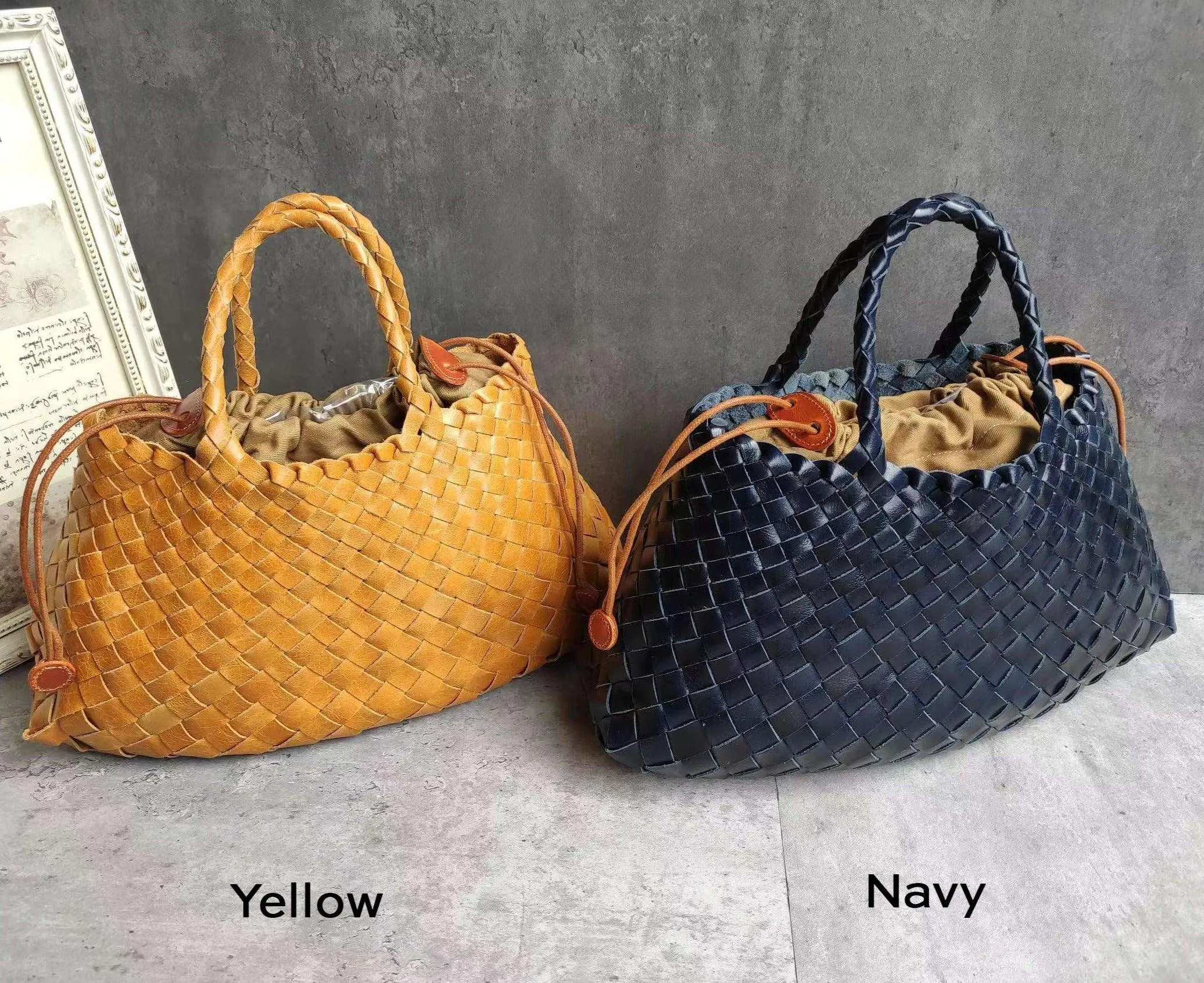Italy Leather Woven Bag Hobo Trapezoidal Bag | New Style Summer Beach Bag Full Grain Leather Triple Jump Bamboo HandBag, Handcrafted Basket Bag