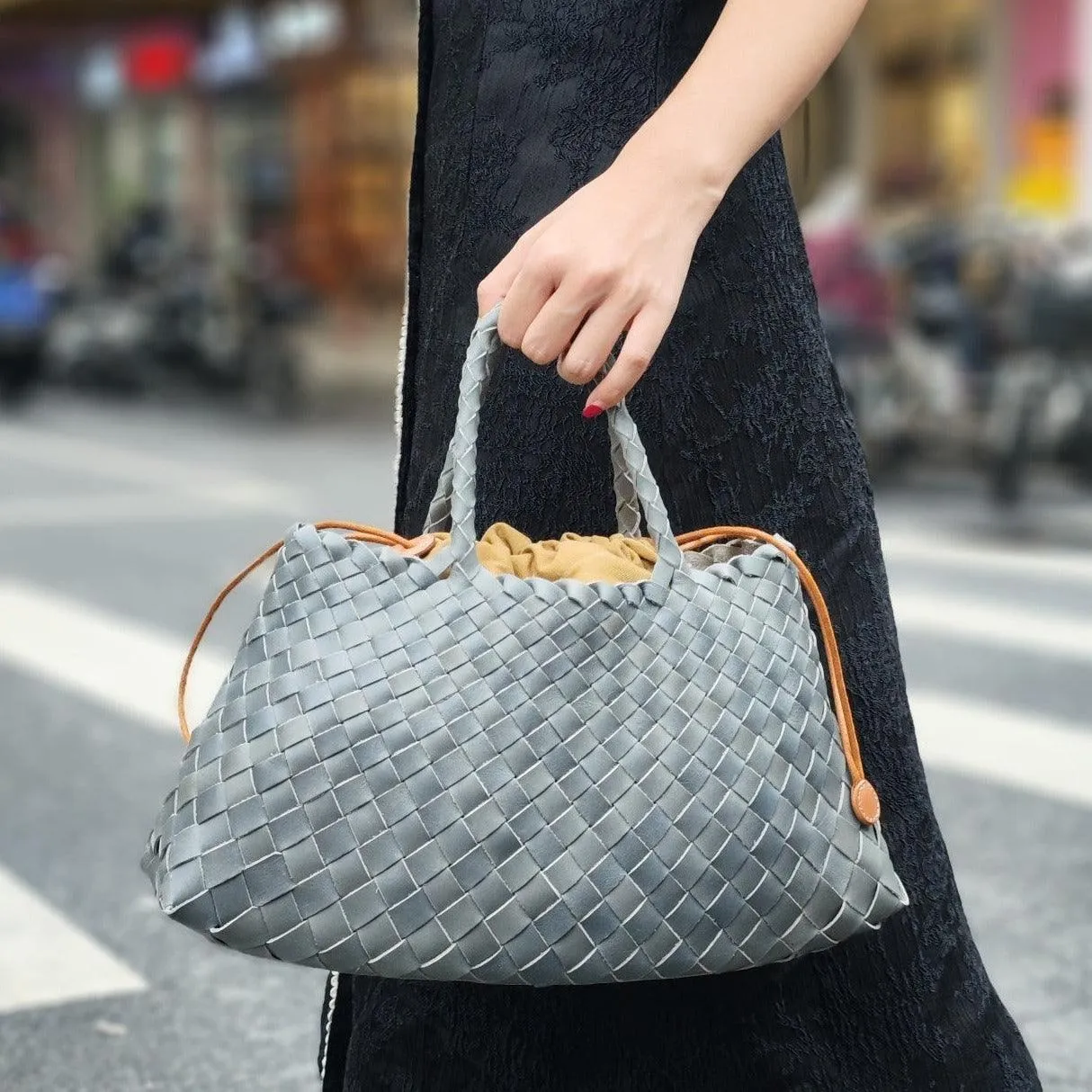 Italy Leather Woven Bag Hobo Trapezoidal Bag | New Style Summer Beach Bag Full Grain Leather Triple Jump Bamboo HandBag, Handcrafted Basket Bag
