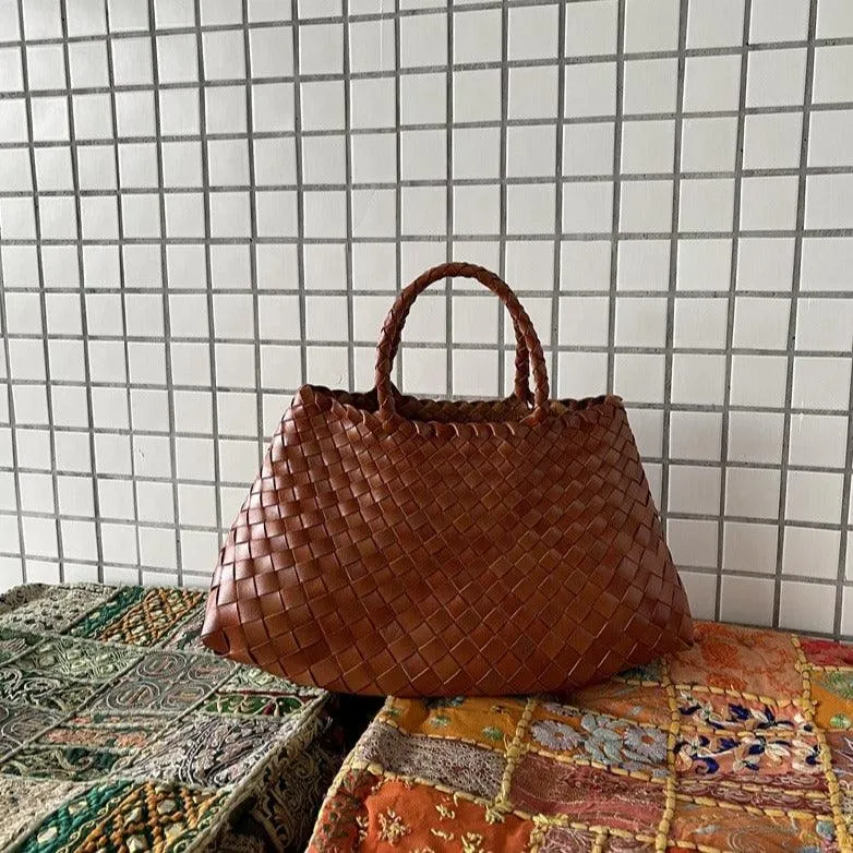 Italy Leather Woven Bag Hobo Trapezoidal Bag | New Style Summer Beach Bag Full Grain Leather Triple Jump Bamboo HandBag, Handcrafted Basket Bag
