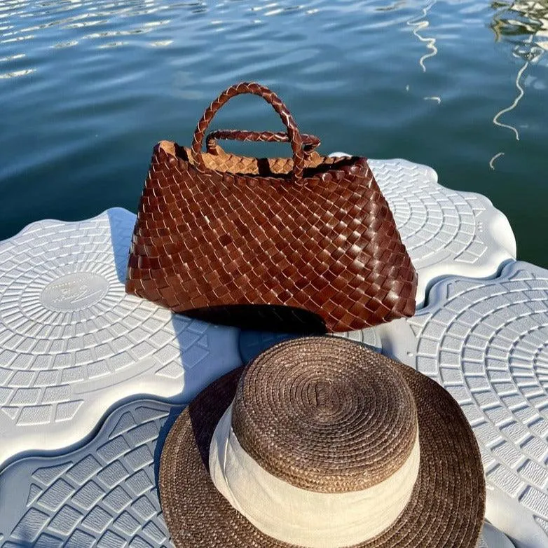 Italy Leather Woven Bag Hobo Trapezoidal Bag | New Style Summer Beach Bag Full Grain Leather Triple Jump Bamboo HandBag, Handcrafted Basket Bag