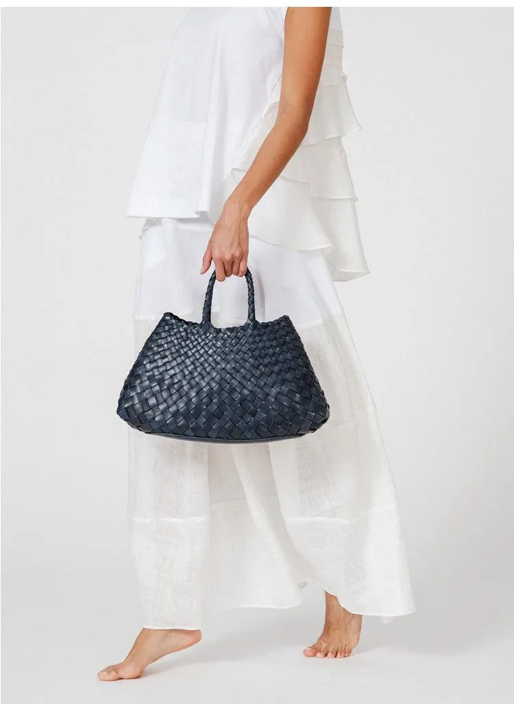 Italy Leather Woven Bag Hobo Trapezoidal Bag | New Style Summer Beach Bag Full Grain Leather Triple Jump Bamboo HandBag, Handcrafted Basket Bag