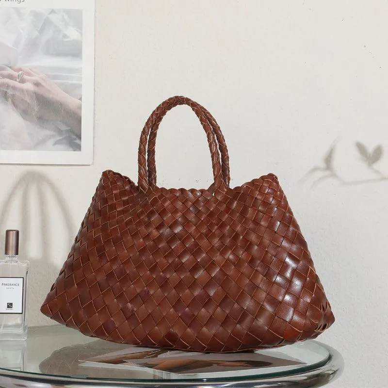 Italy Leather Woven Bag Hobo Trapezoidal Bag | New Style Summer Beach Bag Full Grain Leather Triple Jump Bamboo HandBag, Handcrafted Basket Bag