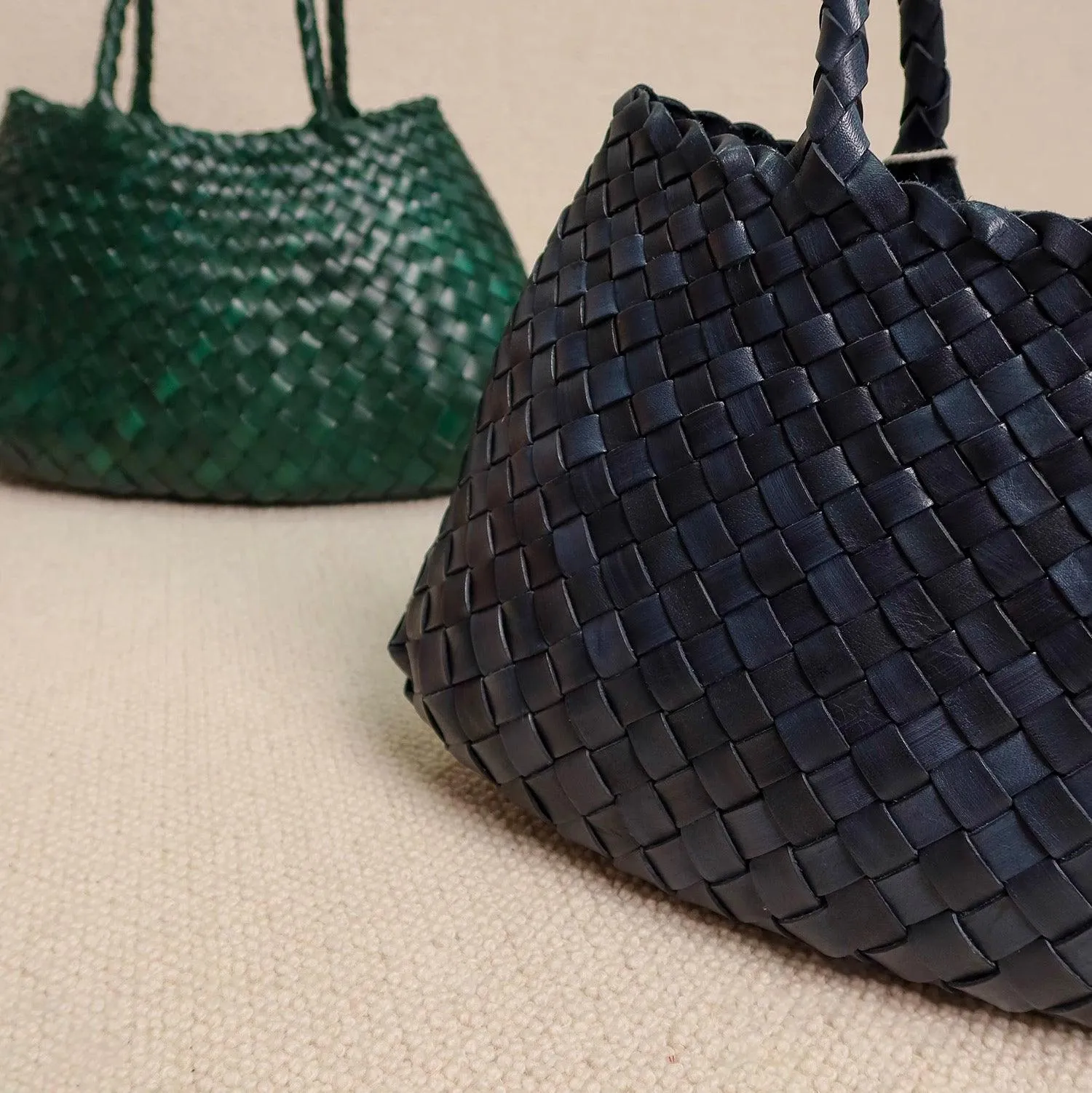 Italy Leather Woven Bag Hobo Trapezoidal Bag | New Style Summer Beach Bag Full Grain Leather Triple Jump Bamboo HandBag, Handcrafted Basket Bag