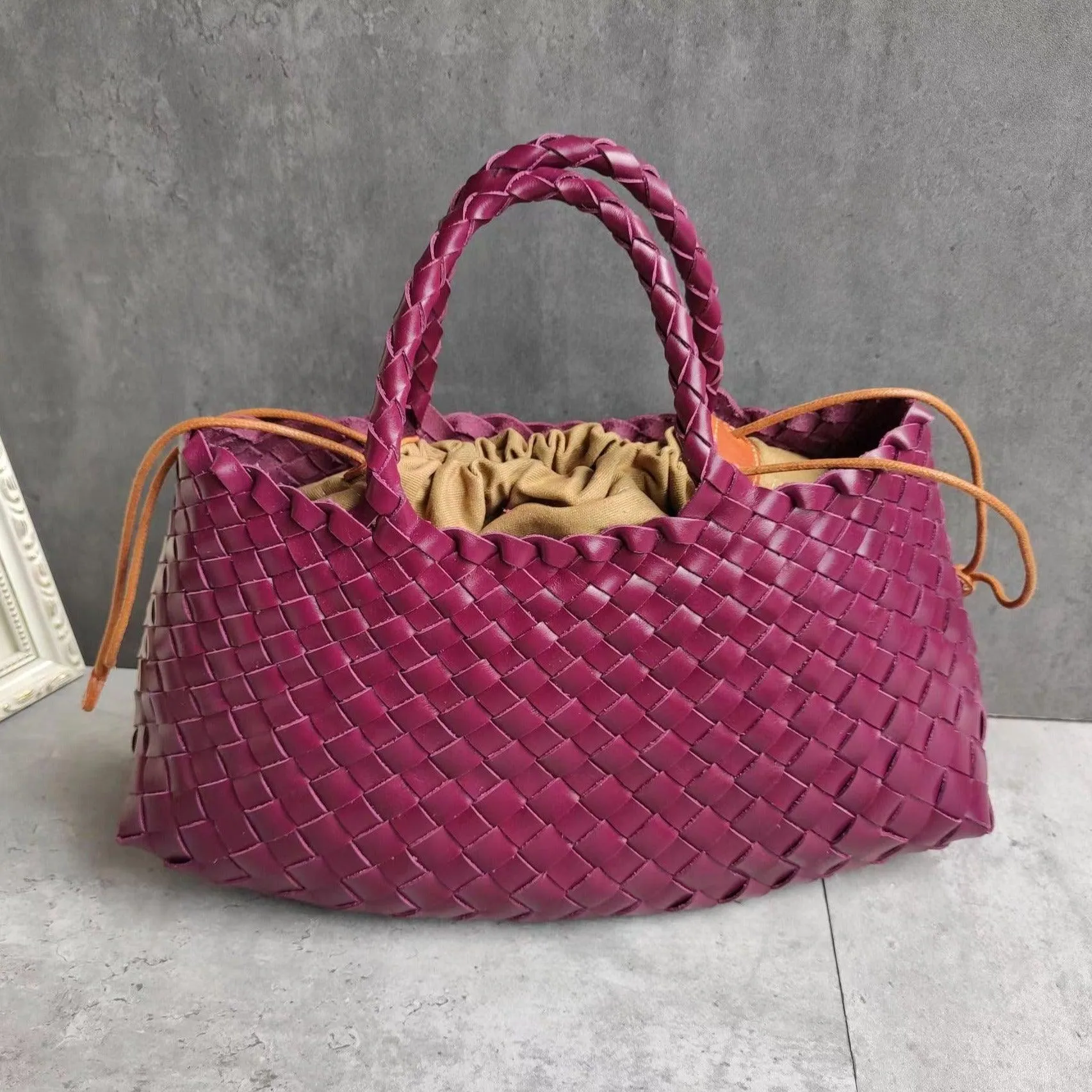 Italy Leather Woven Bag Hobo Trapezoidal Bag | New Style Summer Beach Bag Full Grain Leather Triple Jump Bamboo HandBag, Handcrafted Basket Bag