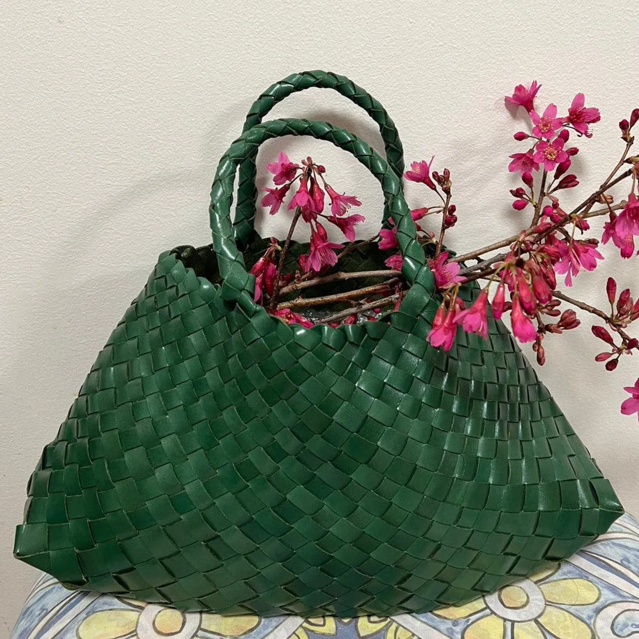 Italy Leather Woven Bag Hobo Trapezoidal Bag | New Style Summer Beach Bag Full Grain Leather Triple Jump Bamboo HandBag, Handcrafted Basket Bag