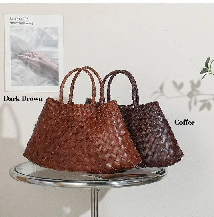 Italy Leather Woven Bag Hobo Trapezoidal Bag | New Style Summer Beach Bag Full Grain Leather Triple Jump Bamboo HandBag, Handcrafted Basket Bag