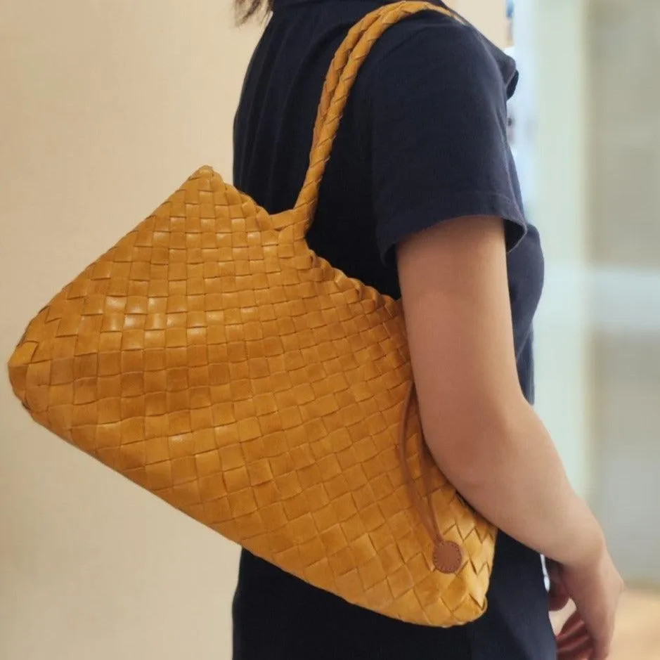 Italy Leather Woven Bag Hobo Trapezoidal Bag | New Style Summer Beach Bag Full Grain Leather Triple Jump Bamboo HandBag, Handcrafted Basket Bag
