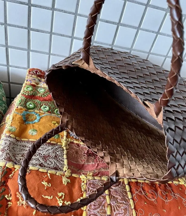 Italy Leather Woven Bag Hobo Trapezoidal Bag | New Style Summer Beach Bag Full Grain Leather Triple Jump Bamboo HandBag, Handcrafted Basket Bag