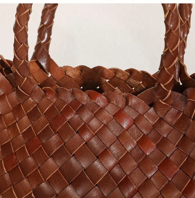 Italy Leather Woven Bag Hobo Trapezoidal Bag | New Style Summer Beach Bag Full Grain Leather Triple Jump Bamboo HandBag, Handcrafted Basket Bag