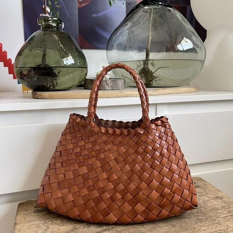 Italy Leather Woven Bag Hobo Trapezoidal Bag | New Style Summer Beach Bag Full Grain Leather Triple Jump Bamboo HandBag, Handcrafted Basket Bag