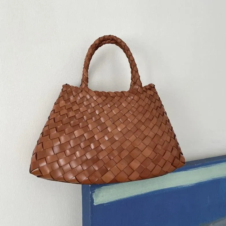 Italy Leather Woven Bag Hobo Trapezoidal Bag | New Style Summer Beach Bag Full Grain Leather Triple Jump Bamboo HandBag, Handcrafted Basket Bag