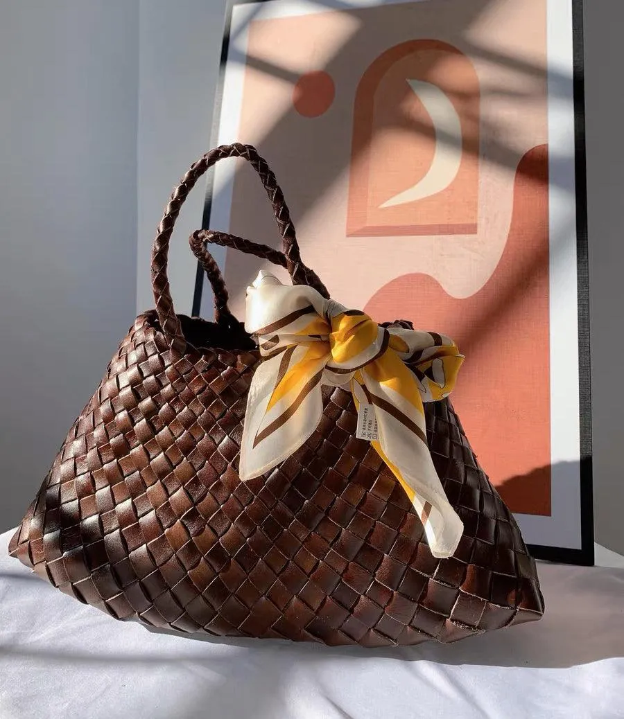 Italy Leather Woven Bag Hobo Trapezoidal Bag | New Style Summer Beach Bag Full Grain Leather Triple Jump Bamboo HandBag, Handcrafted Basket Bag