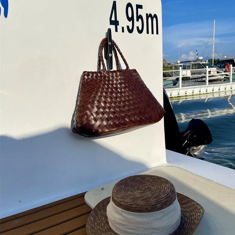 Italy Leather Woven Bag Hobo Trapezoidal Bag | New Style Summer Beach Bag Full Grain Leather Triple Jump Bamboo HandBag, Handcrafted Basket Bag