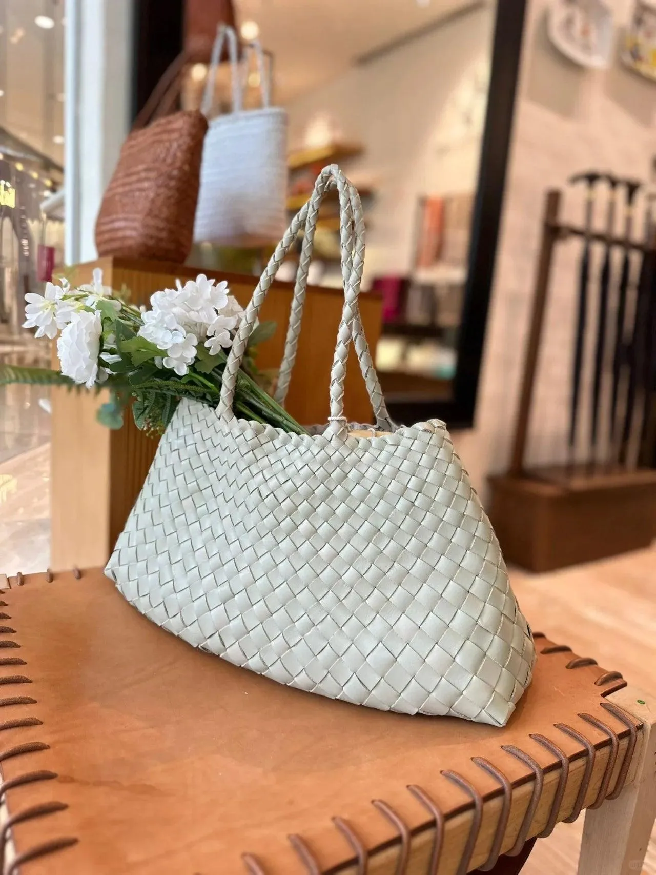 Italy Leather Woven Bag Hobo Trapezoidal Bag | New Style Summer Beach Bag Full Grain Leather Triple Jump Bamboo HandBag, Handcrafted Basket Bag