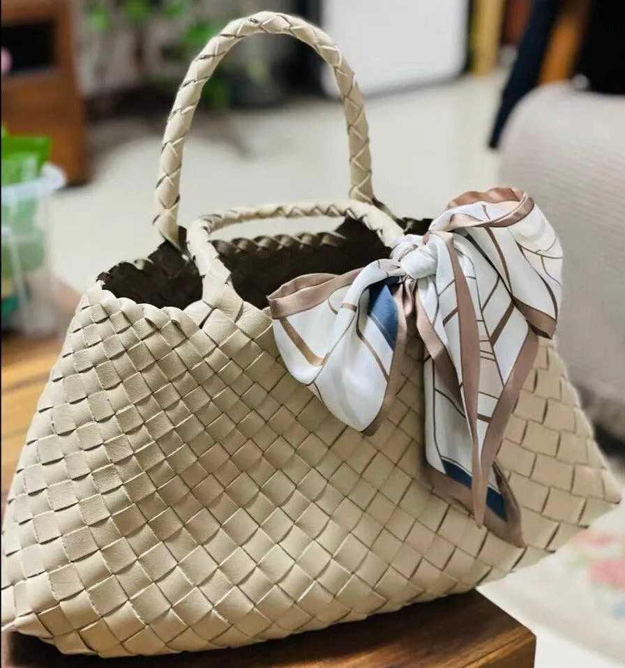Italy Leather Woven Bag Hobo Trapezoidal Bag | New Style Summer Beach Bag Full Grain Leather Triple Jump Bamboo HandBag, Handcrafted Basket Bag