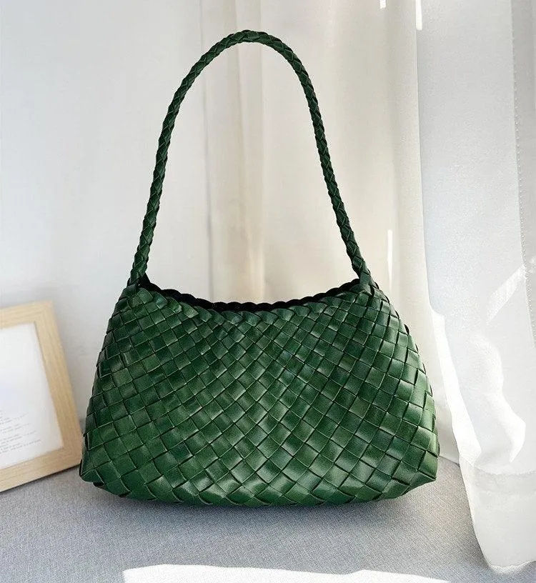 Italy Leather Woven Hobo Shoulder Bag | Interwoven Summer Beach Bag, Full Grain Leather Triple Jump Bamboo HandBag, Handcrafted Basket Bag